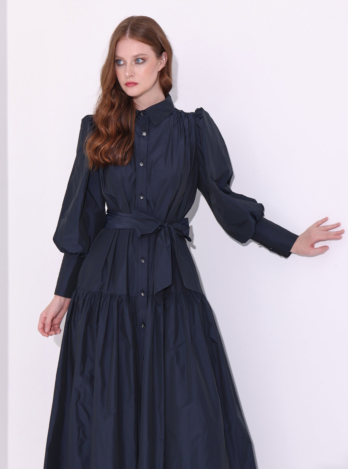 Navy Taffeta Cristal Button Maxi Dress