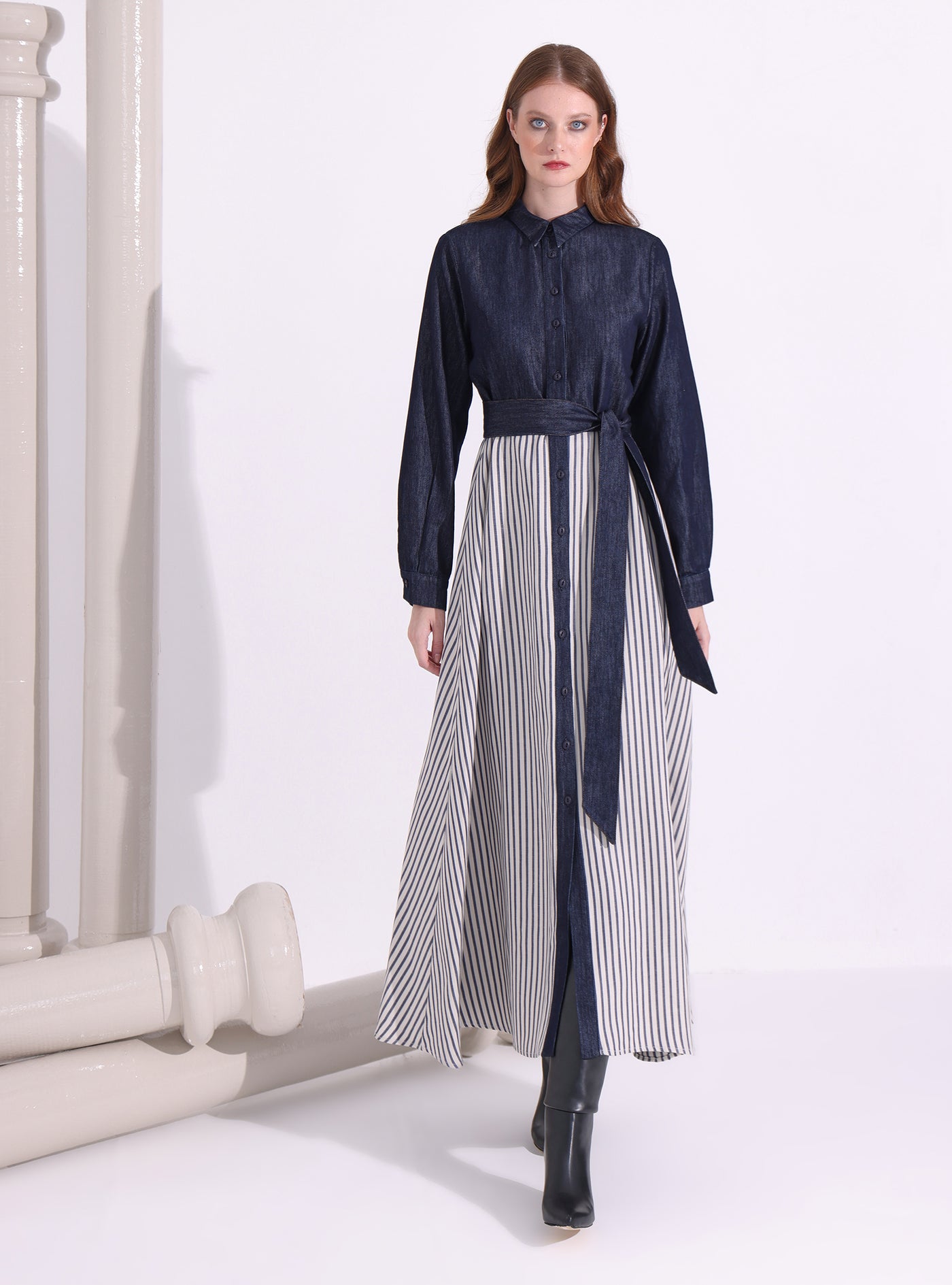 İndigo Denim Stripe Maxi Dress