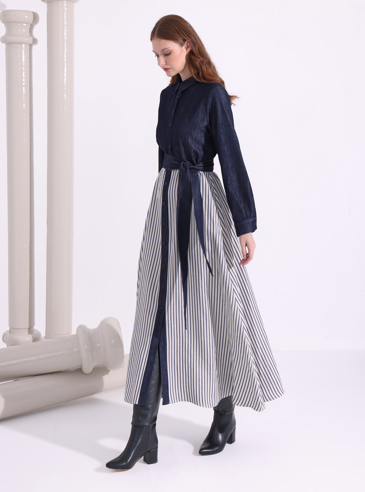 İndigo Denim Stripe Maxi Dress