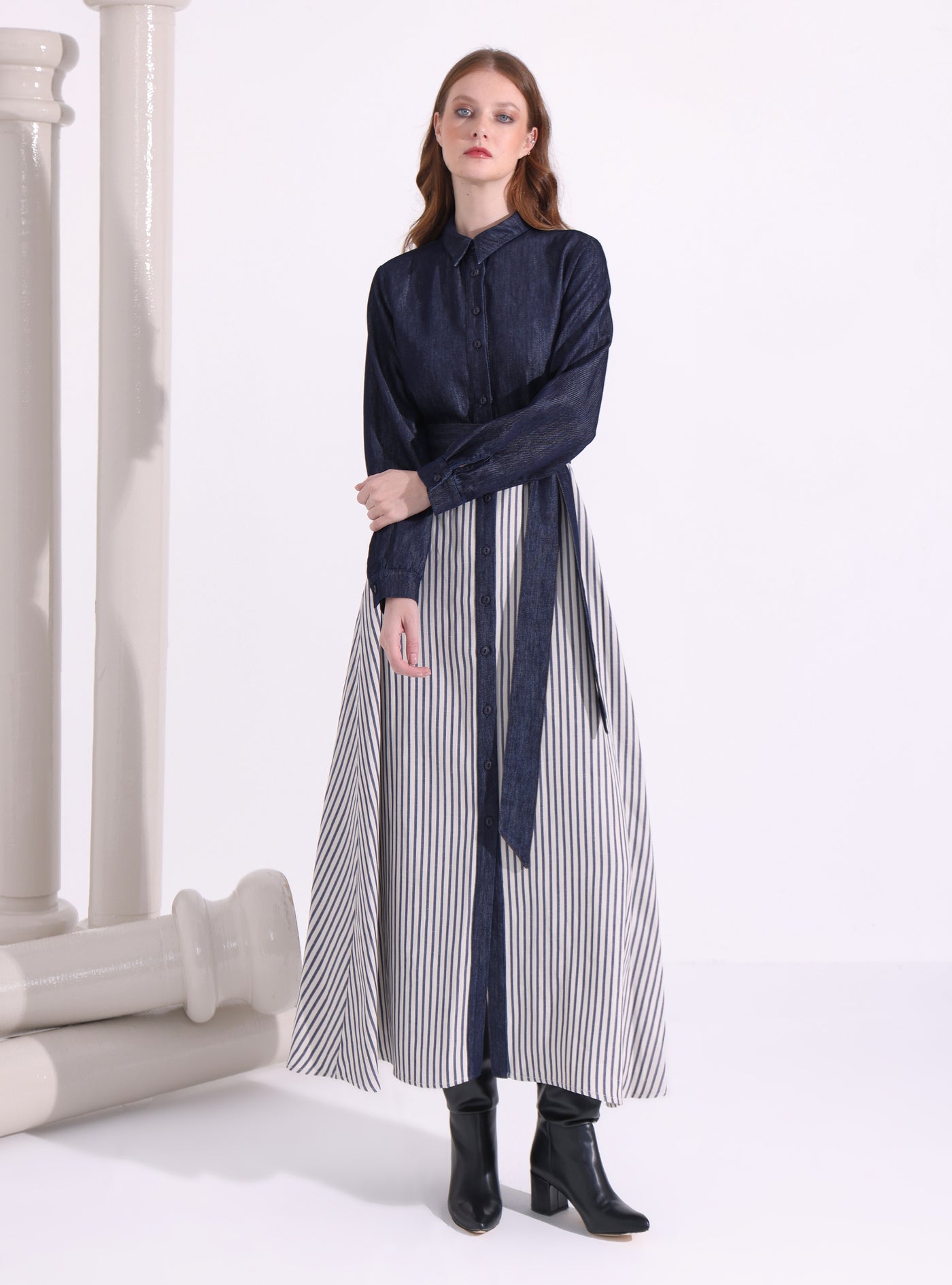 İndigo Denim Stripe Maxi Dress