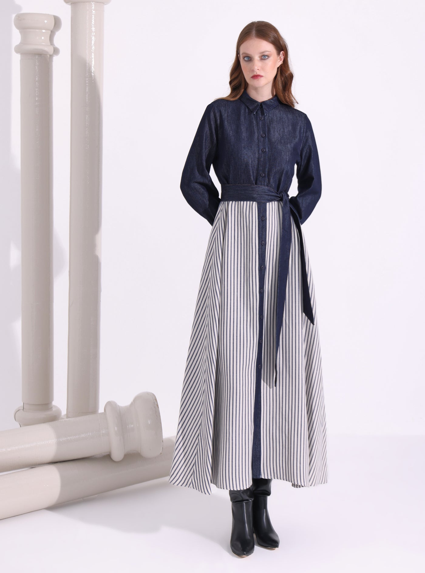 İndigo Denim Stripe Maxi Dress