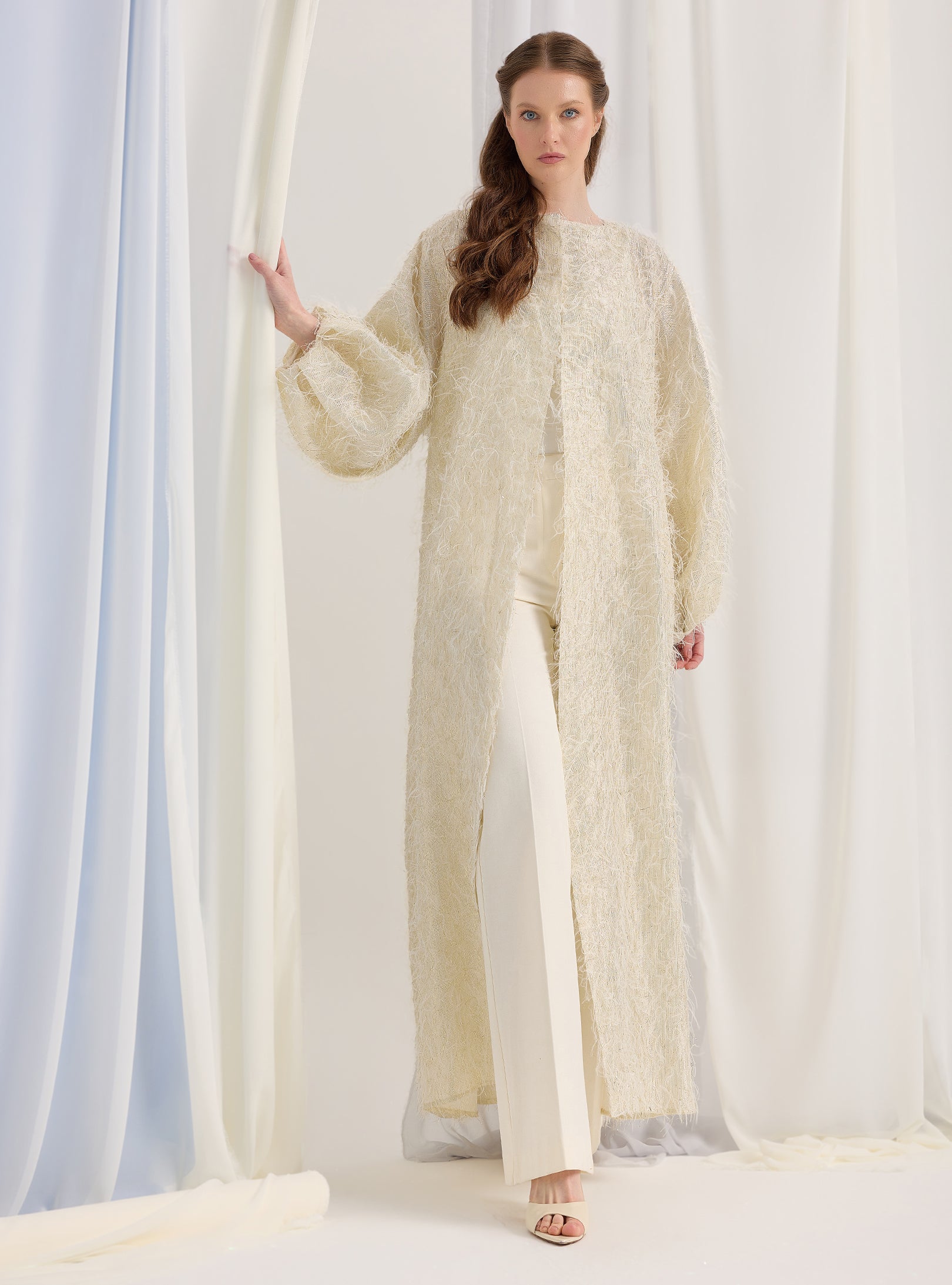 Off White Gold Feather Looks Kaftan Abaya - Store WF