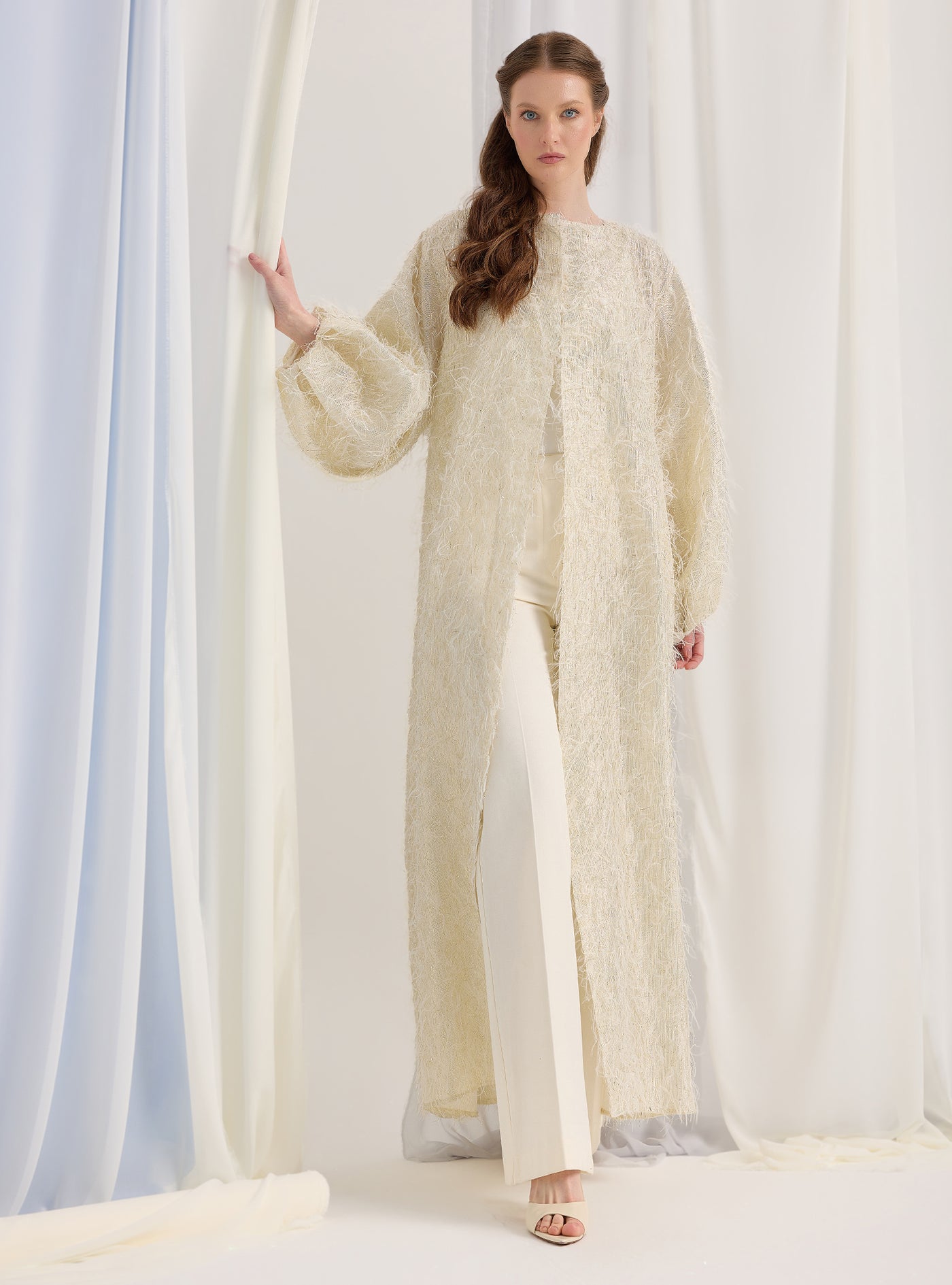 Off White Gold Feather Looks Kaftan Abaya