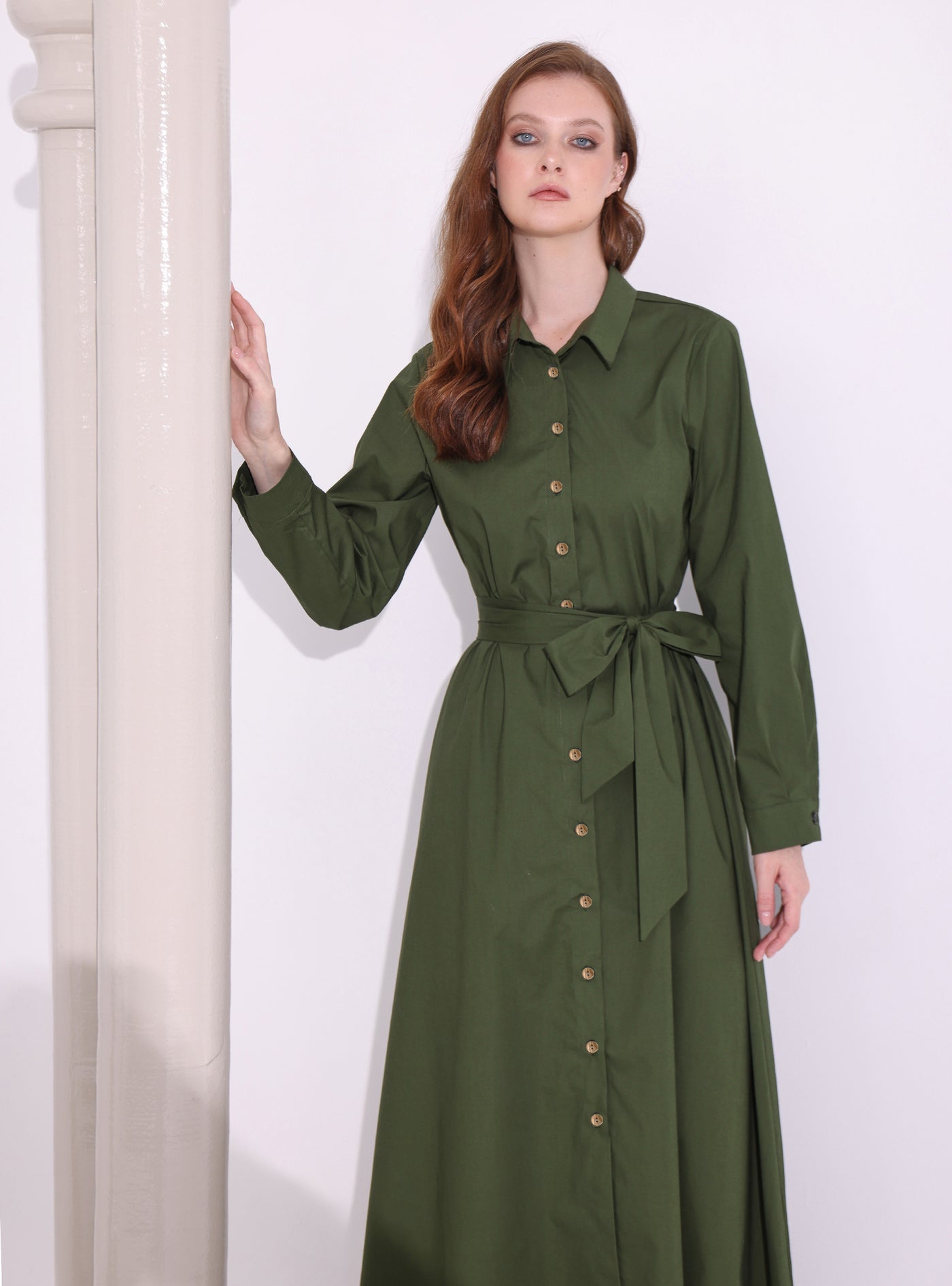 Khaki Green Wooden Button Maxi Dress