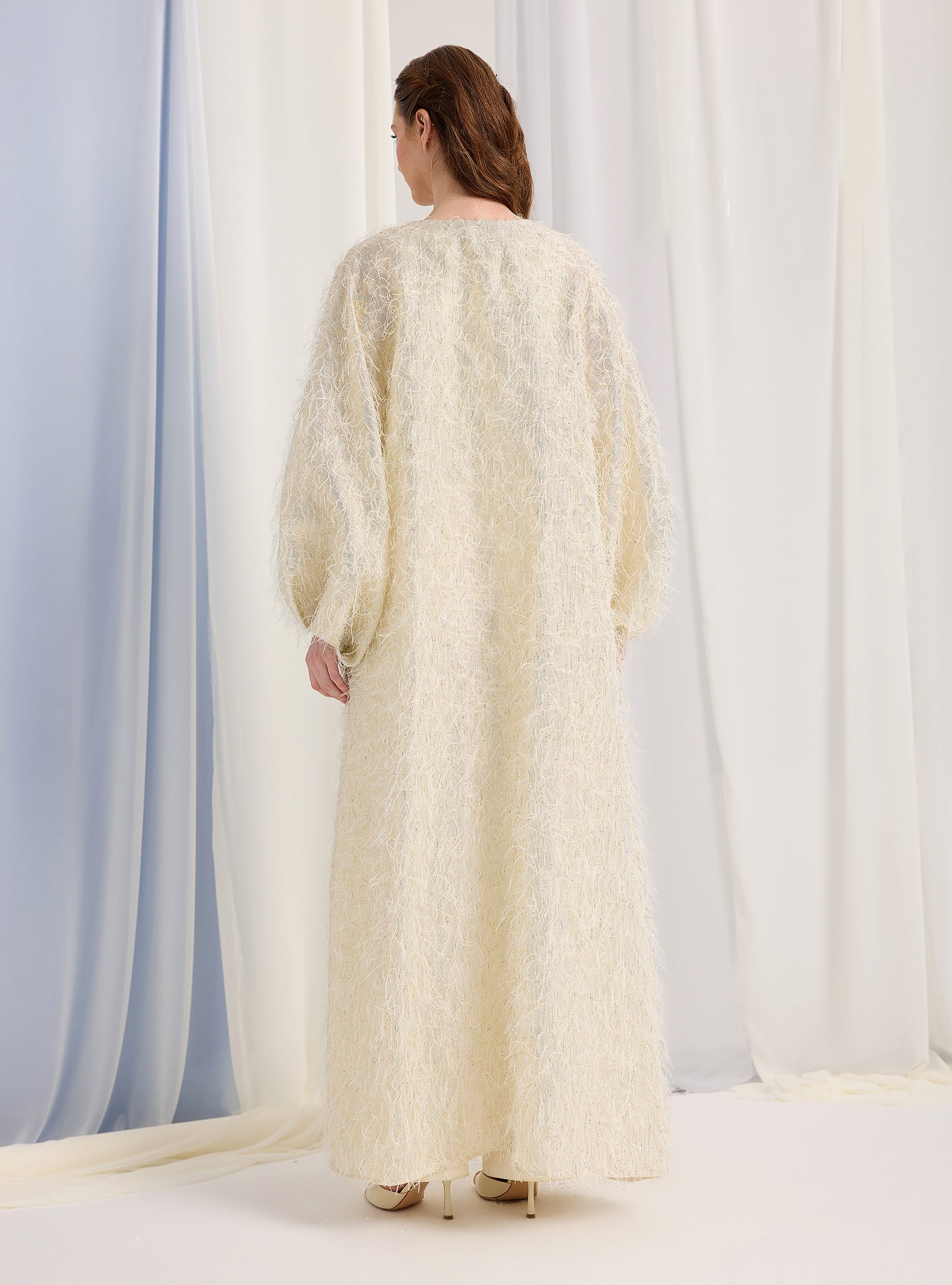 Off White Gold Feather Looks Kaftan Abaya - Store WF