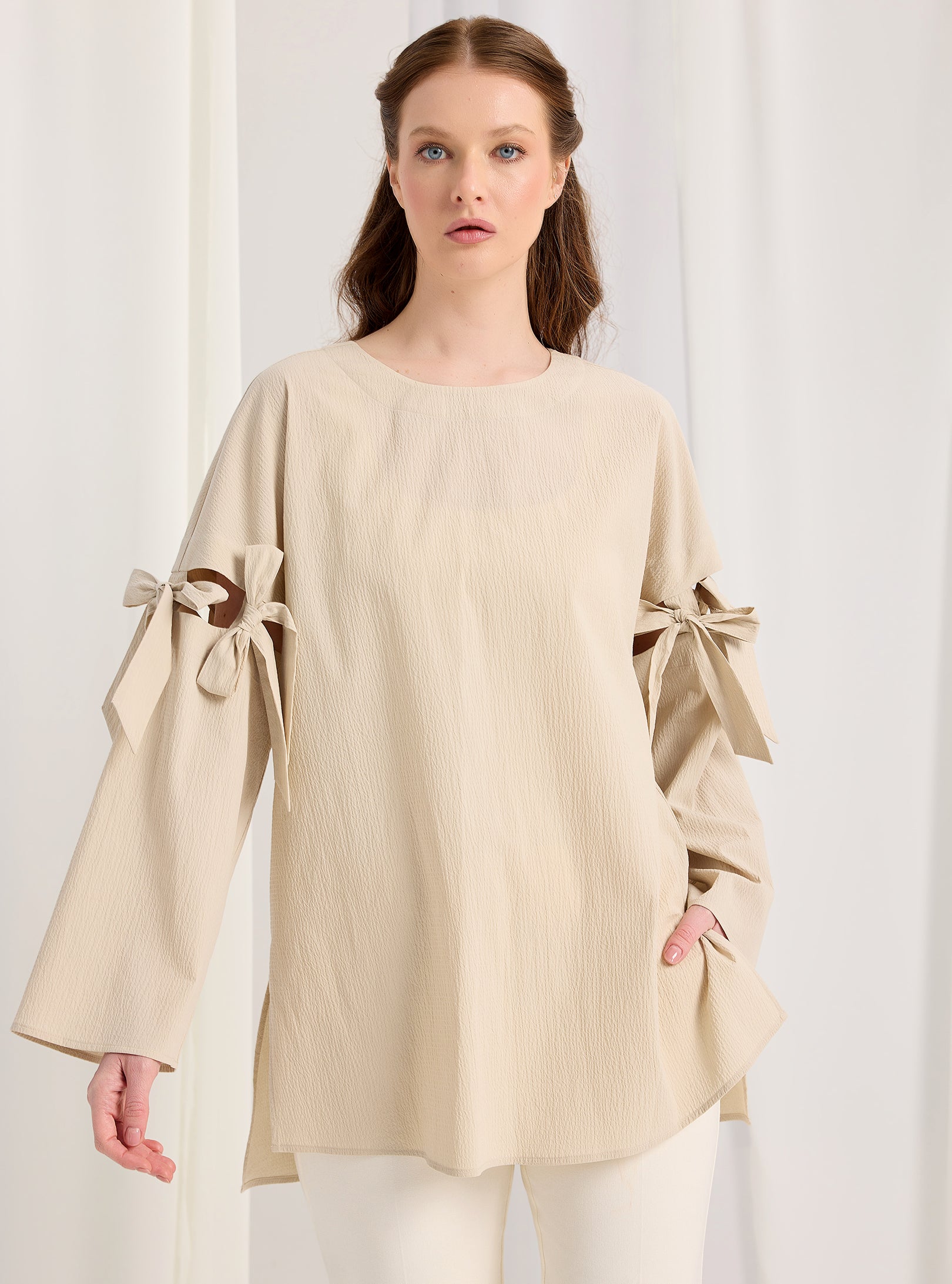Beige Top With Sleeve Ties - Store WF
