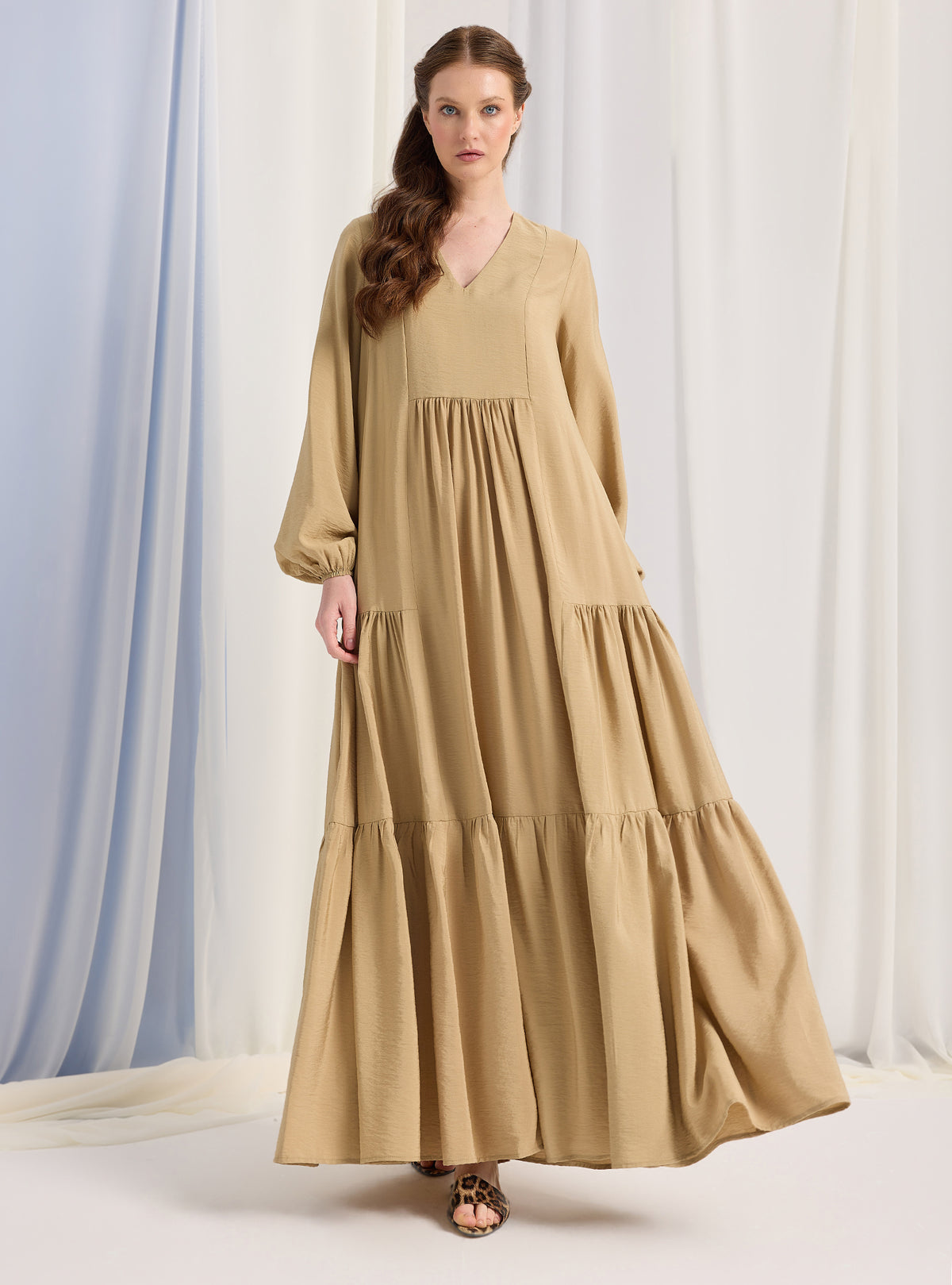 beige dress in store Cotton V Neck Maxi Perfect for special occasions