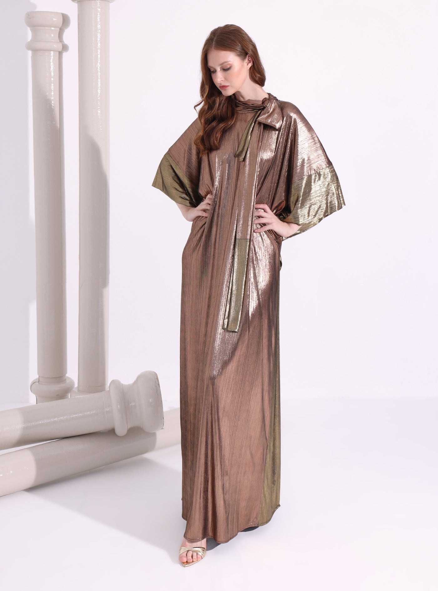 Bronze Gold Tie-Neck Kaftan Dress