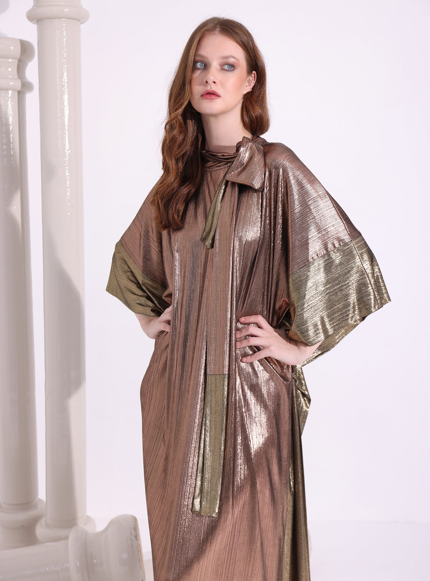 Bronze Gold Tie-Neck Kaftan Dress