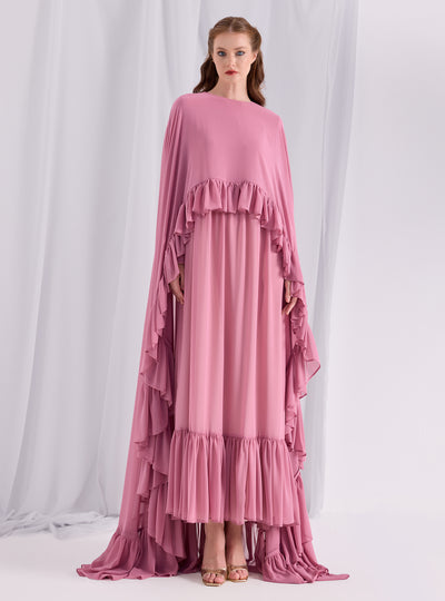 Rose Pink Ruffled Maxi Cape Dress