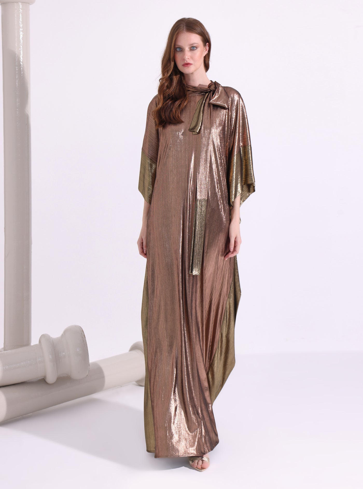 Bronze Gold Tie-Neck Kaftan Dress