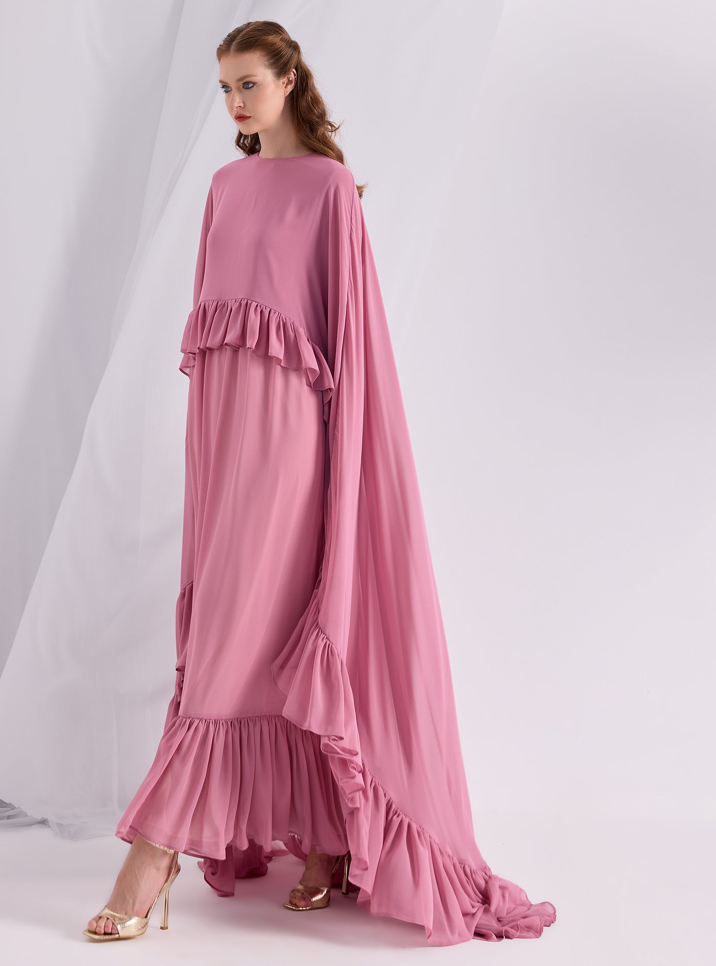 Rose Pink Ruffled Maxi Cape Dress