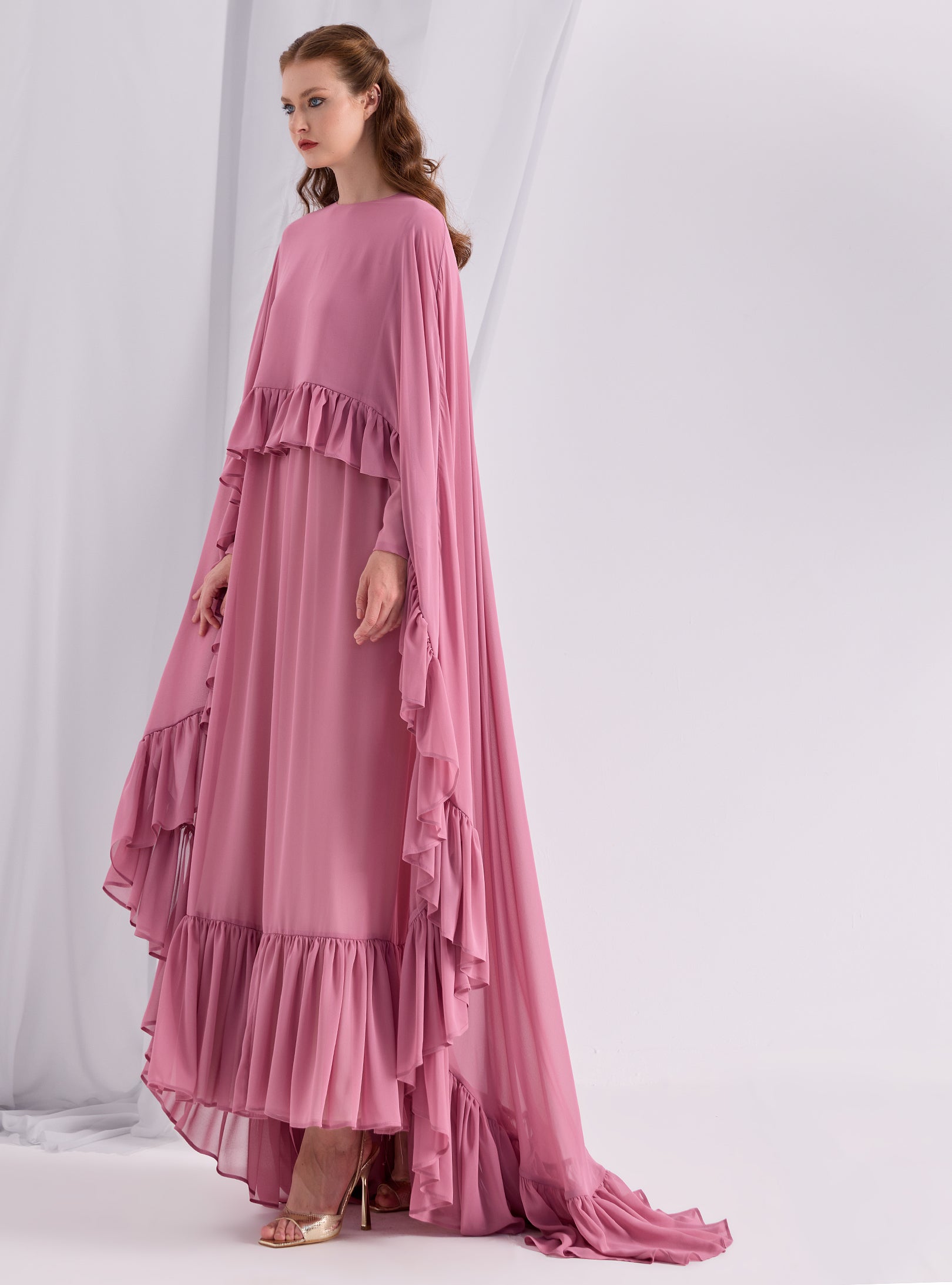 Rose Pink Ruffled Maxi Cape Dress - Store WF