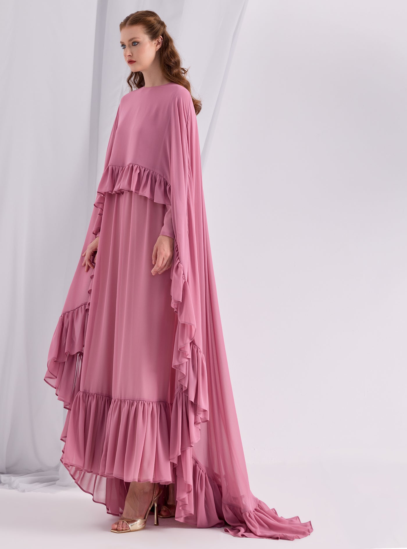 Rose Pink Ruffled Maxi Cape Dress