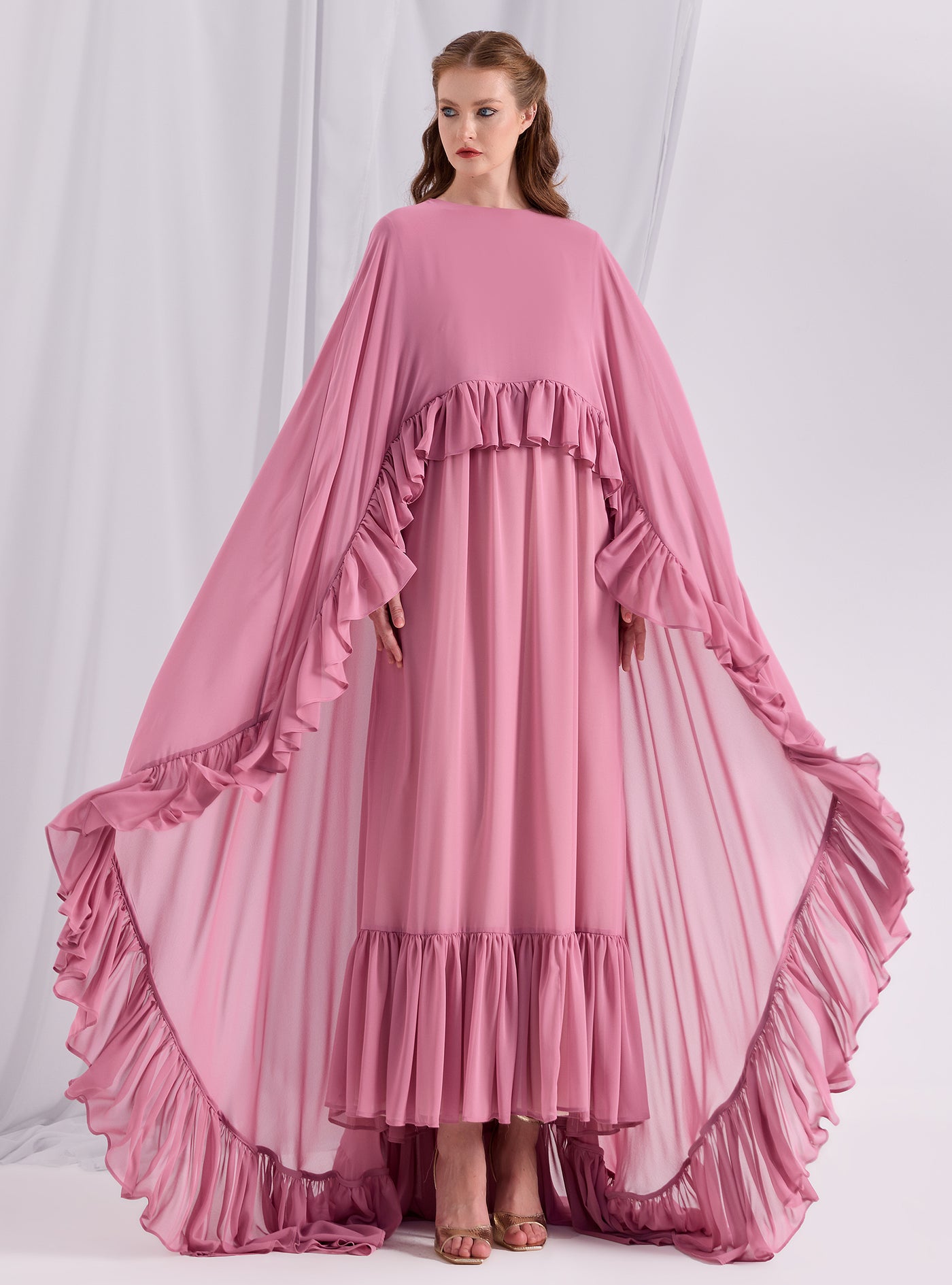 Rose Pink Ruffled Maxi Cape Dress