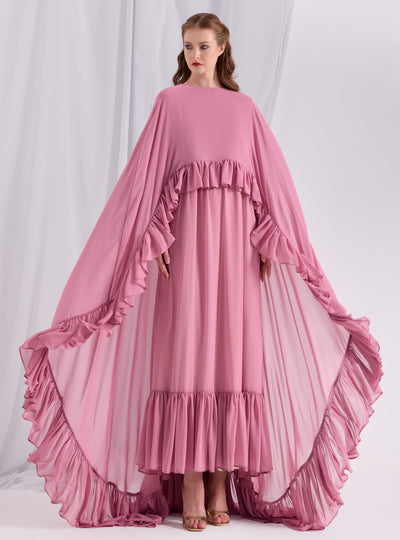 Rose Pink Ruffled Maxi Cape Dress