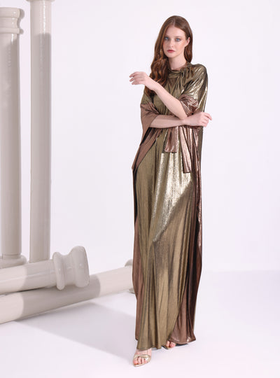 Gold Bronze Tie-Neck Kaftan Dress