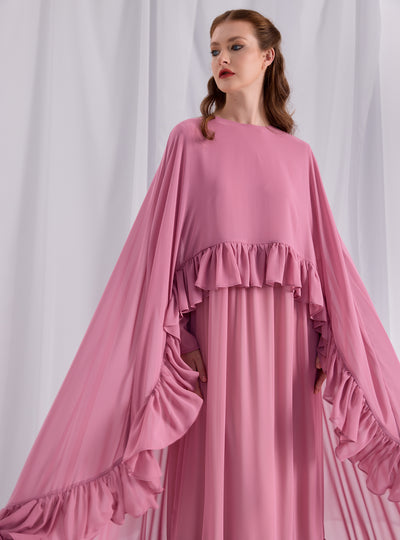 Rose Pink Ruffled Maxi Cape Dress