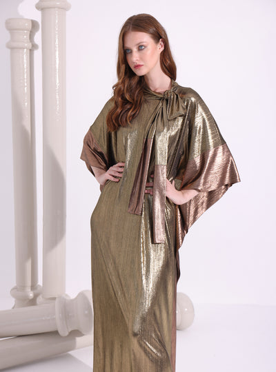 Gold Bronze Tie-Neck Kaftan Dress