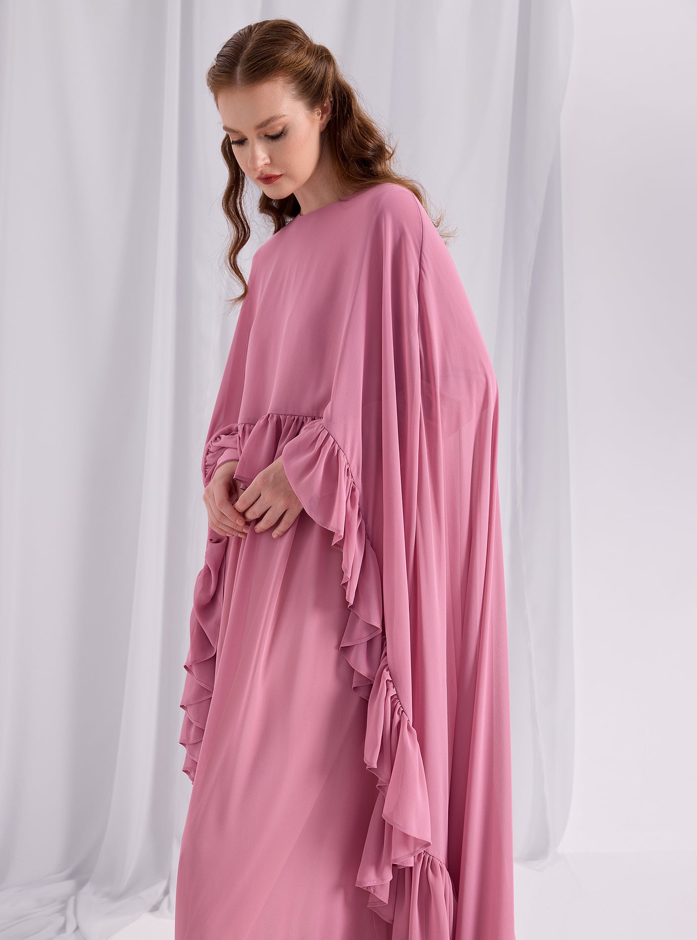 Rose Pink Ruffled Maxi Cape Dress