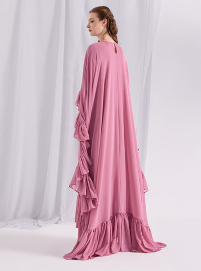 Rose Pink Ruffled Maxi Cape Dress