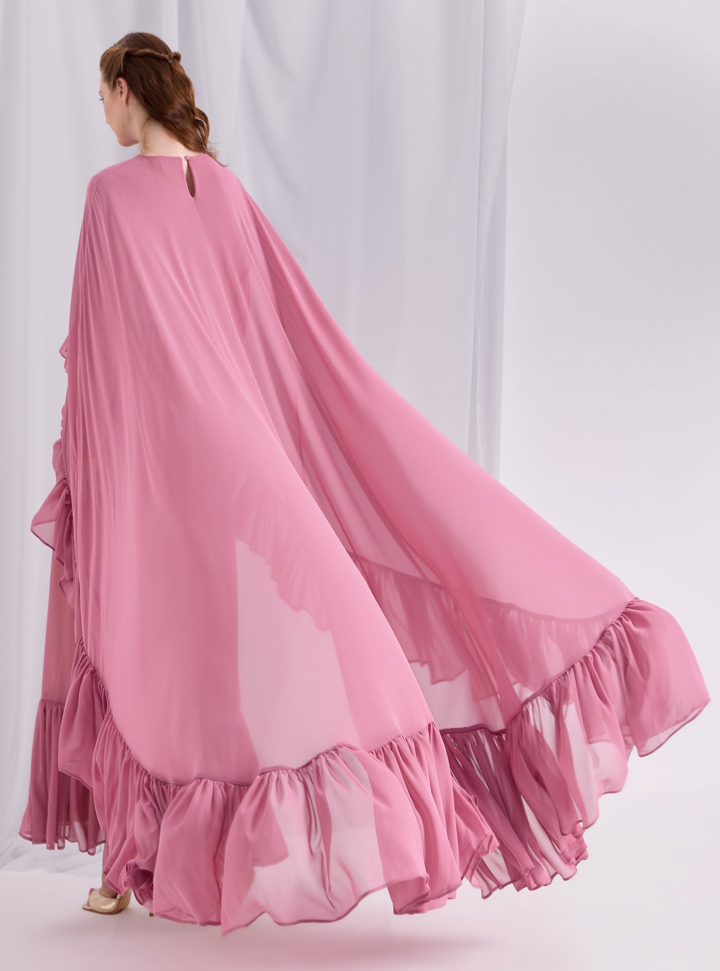 Rose Pink Ruffled Maxi Cape Dress