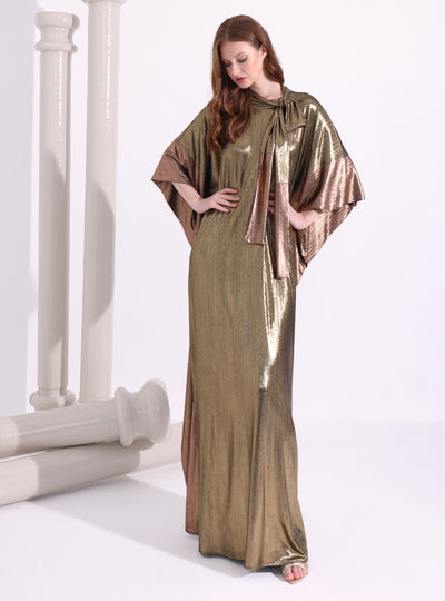 Gold Bronze Tie-Neck Kaftan Dress