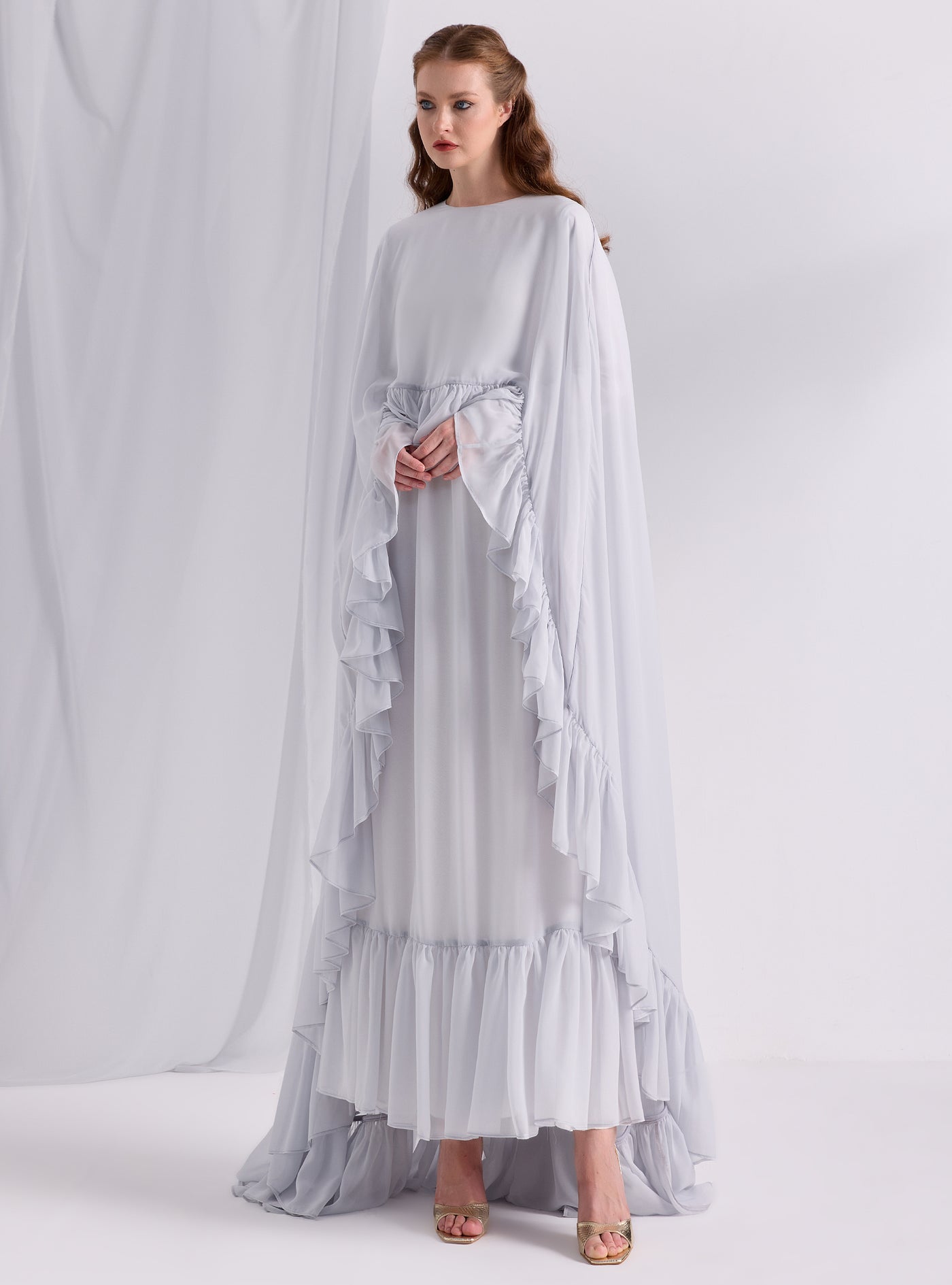 Ice Blue Ruffled Maxi Cape Dress