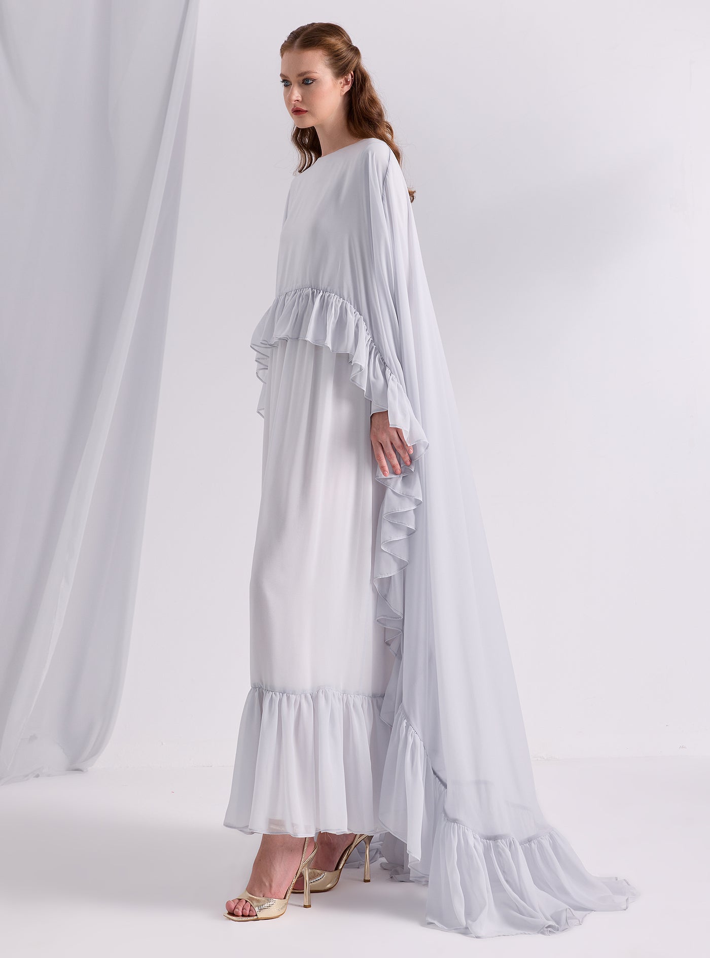 Ice Blue Ruffled Maxi Cape Dress