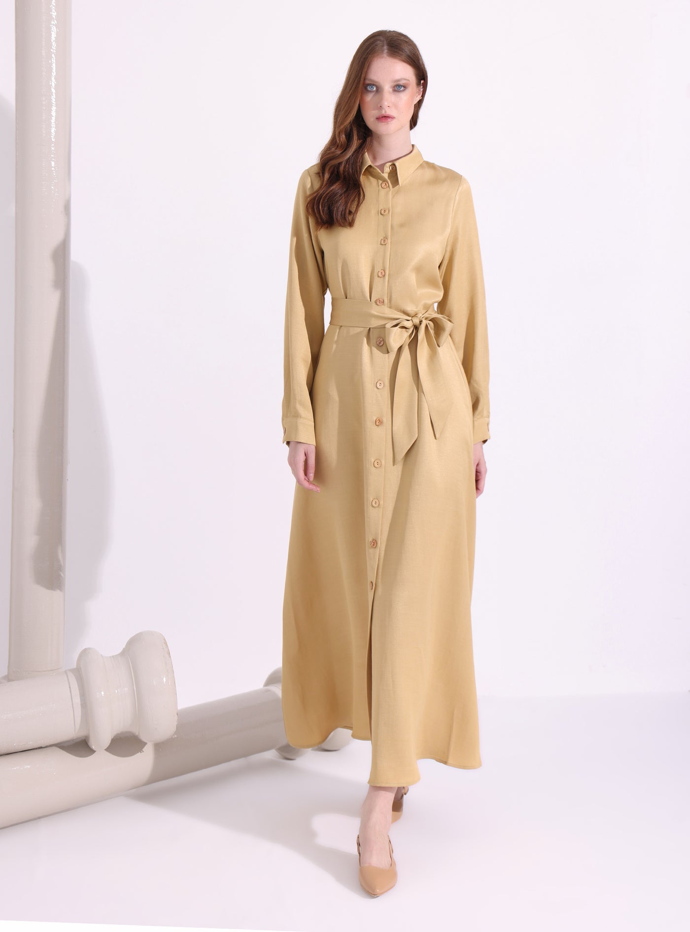 Shirt Neck Belted Maxi Dress