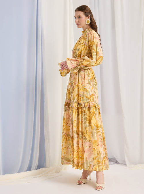yellow floral dress Yellow Floral Belted Maxi Dress – Store WF
