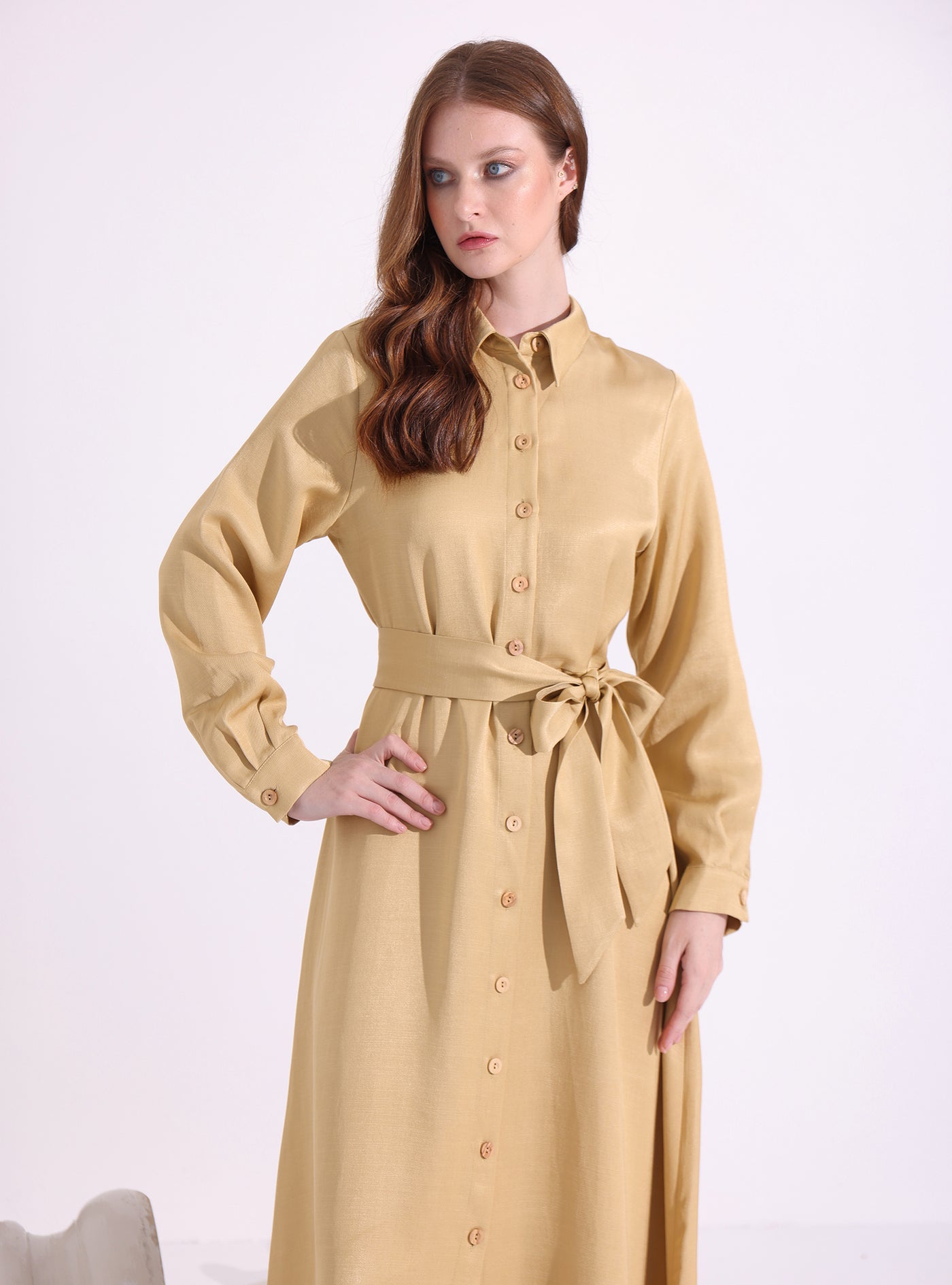 Shirt Neck Belted Maxi Dress