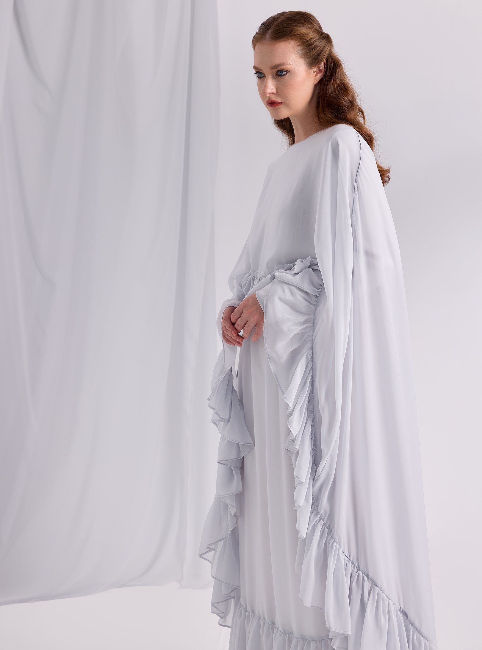 Ice Blue Ruffled Maxi Cape Dress – Store WF