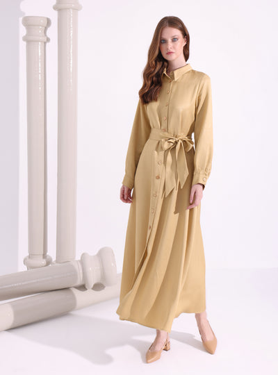 Shirt Neck Belted Maxi Dress