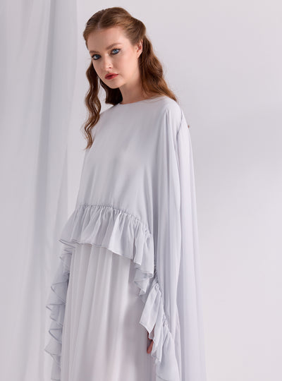 Ice Blue Ruffled Maxi Cape Dress