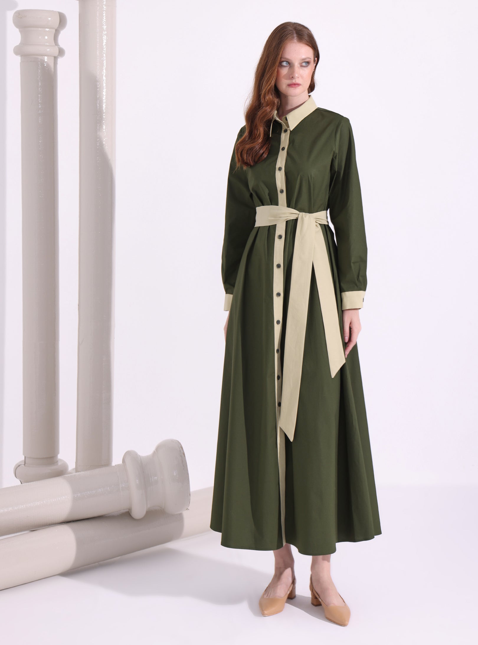 Khaki Green Contrast Beige Maxi Shirt Dress