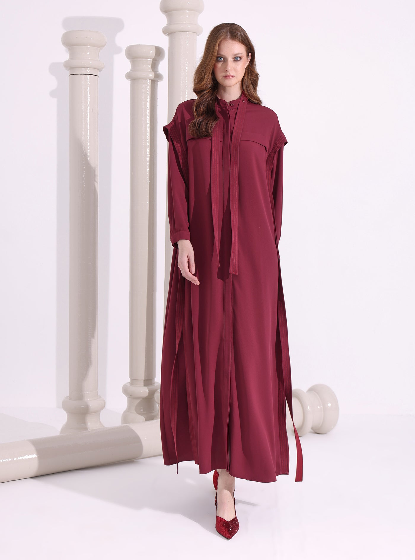 Contrast Top Stitch Burgundy Maxi Dress