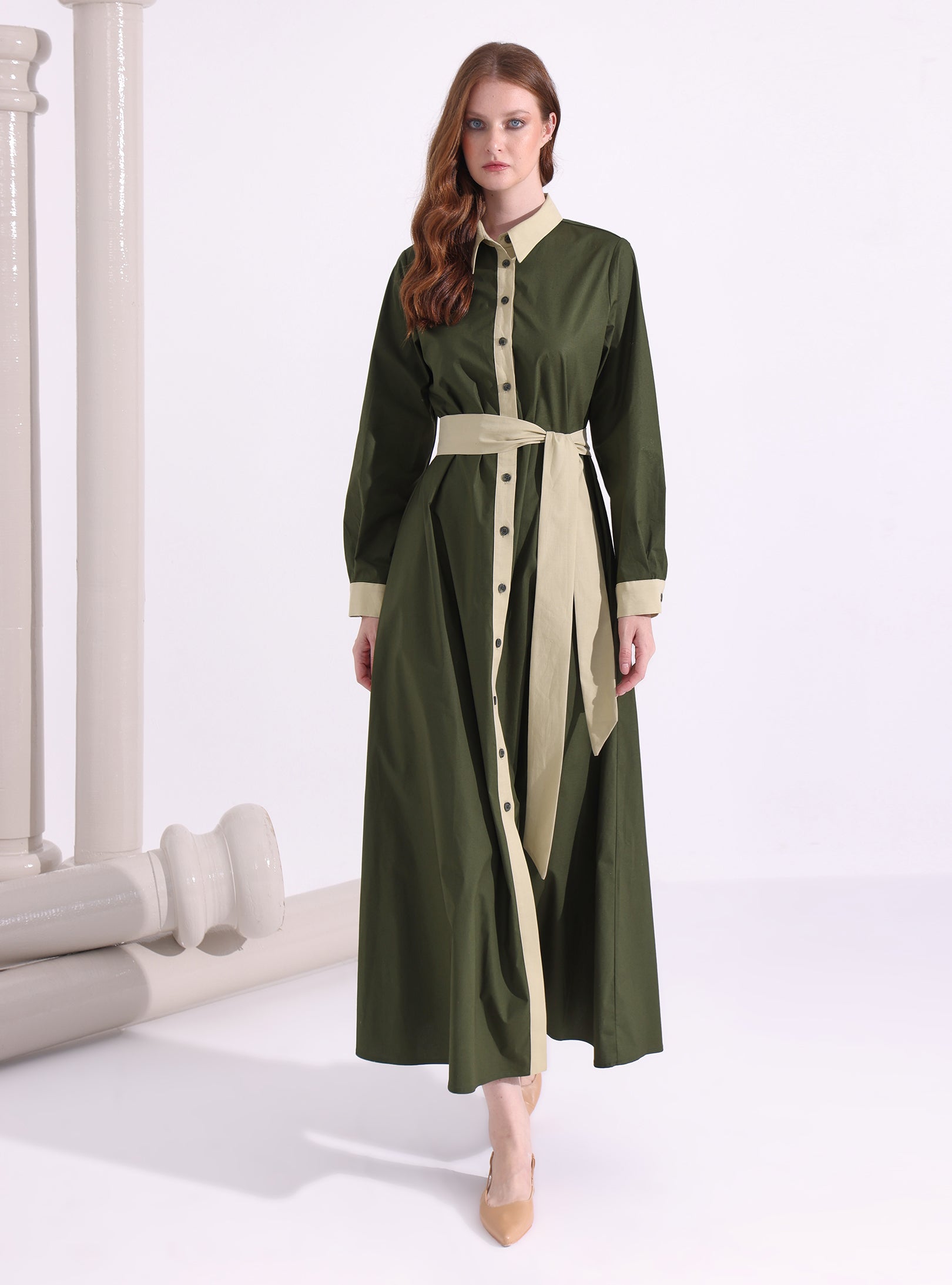 Khaki Green Contrast Beige Maxi Shirt Dress | WF Atelier Cotton Store WF Khaki Green Contrast Beige Maxi Shirt Dress | WF Atelier Cotton Store WF