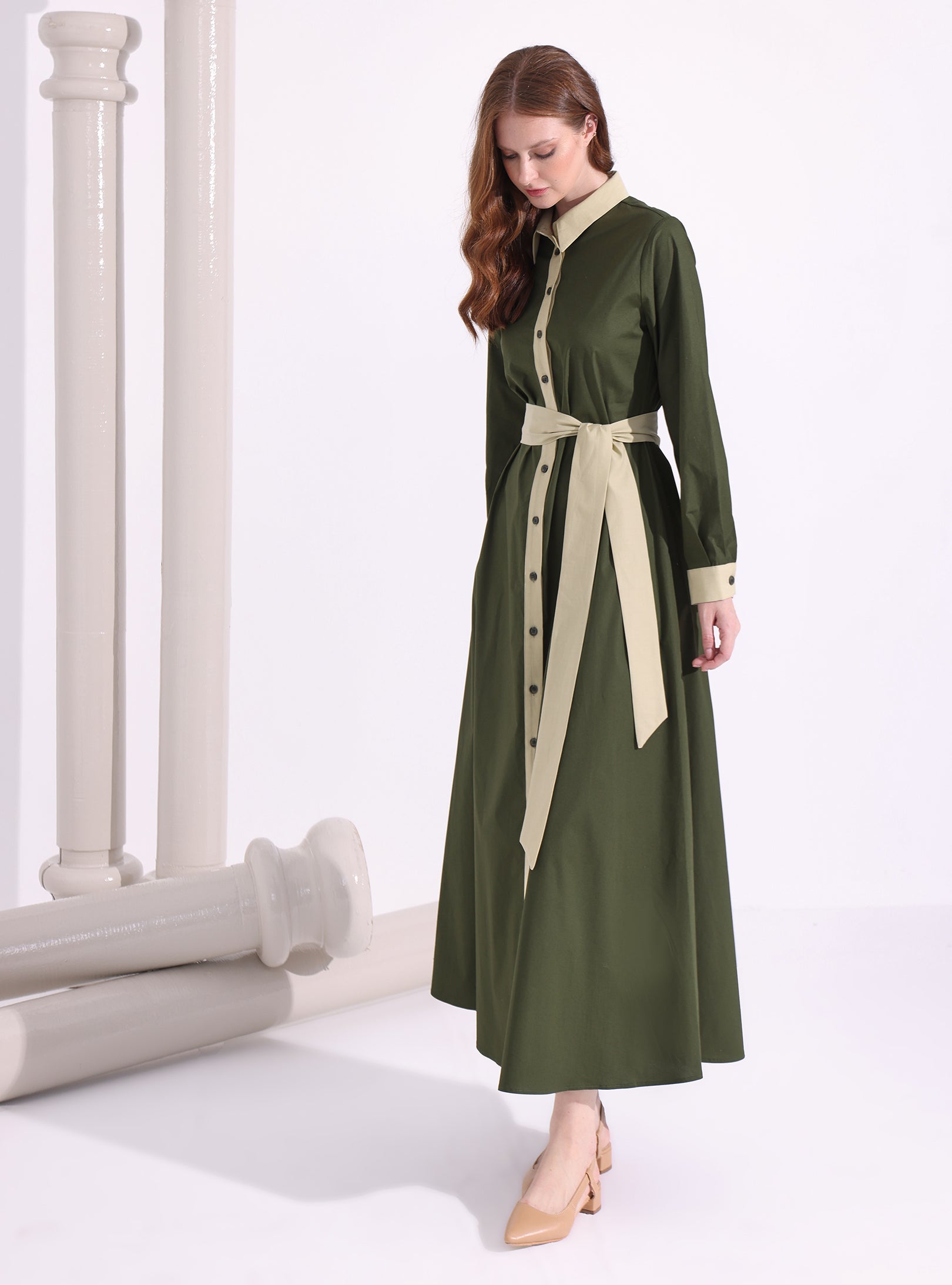 Khaki Green Contrast Beige Maxi Shirt Dress