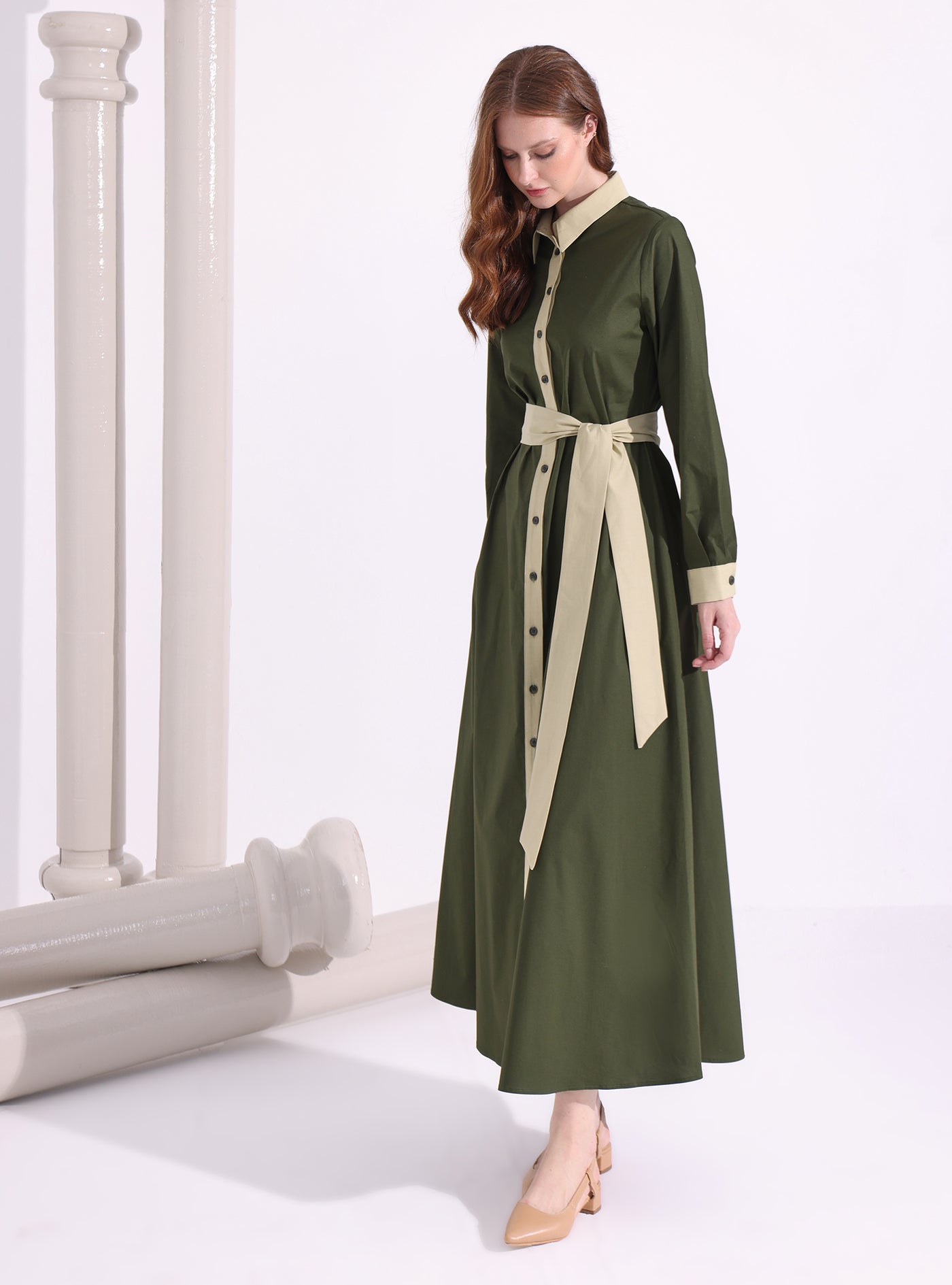 Khaki Green Mix Contrast Beige Maxi Dress