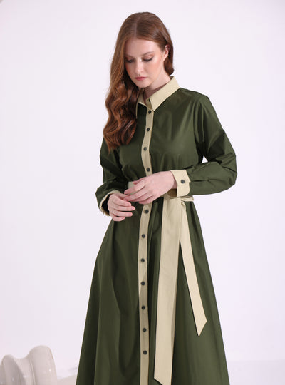 Khaki Green Mix Contrast Beige Maxi Dress