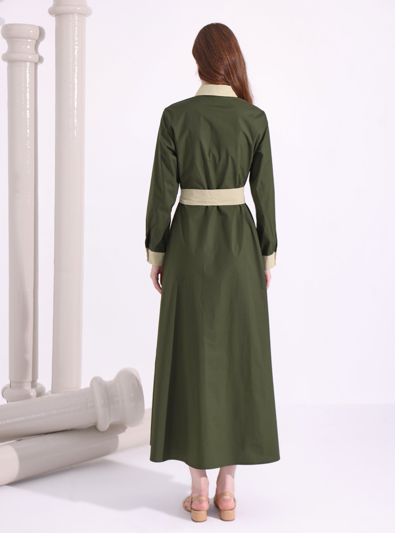 Khaki Green Contrast Beige Maxi Shirt Dress | WF Atelier Cotton Store WF Khaki Green Contrast Beige Maxi Shirt Dress | WF Atelier Cotton Store WF