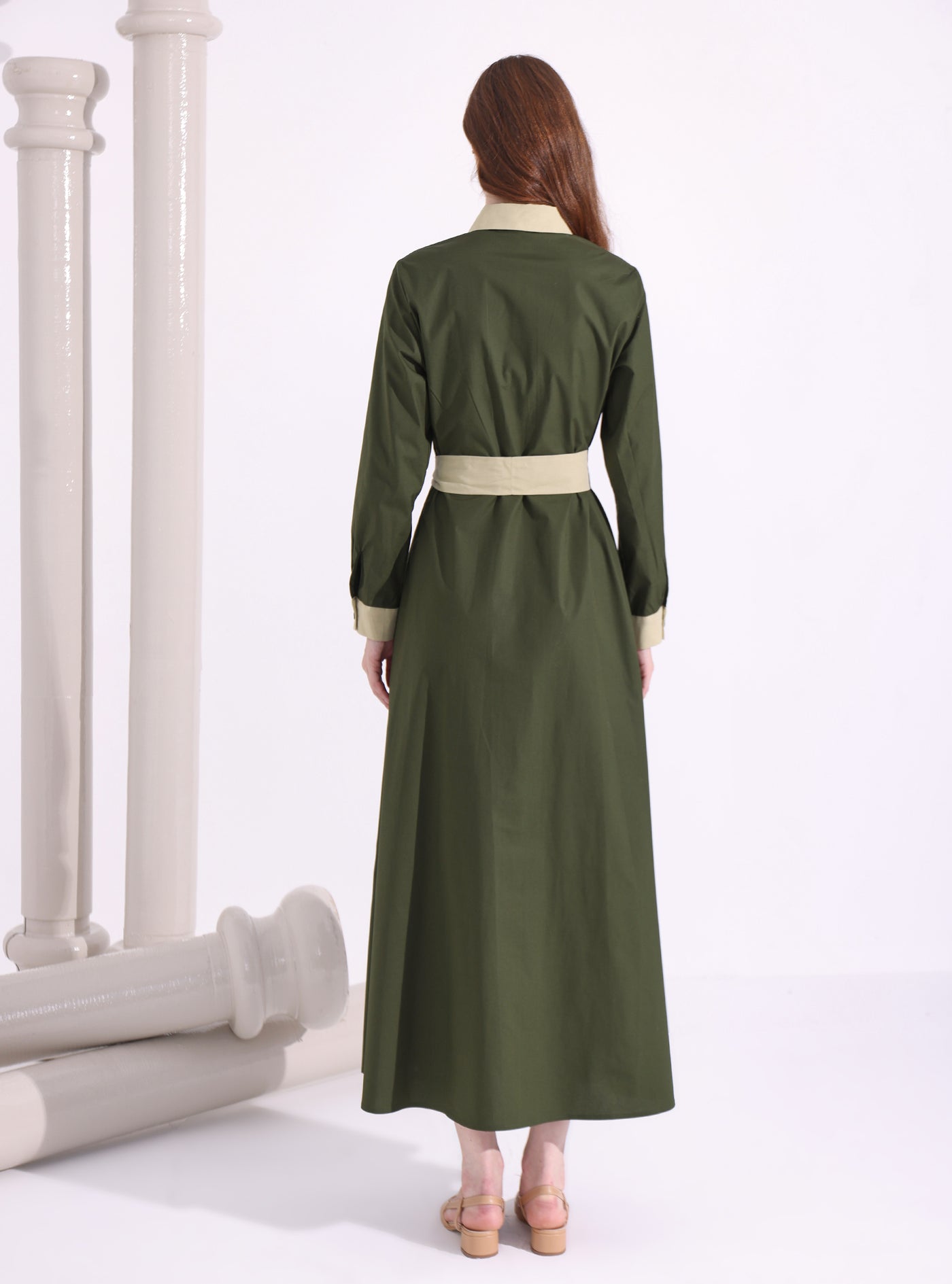 Khaki Green Mix Contrast Beige Maxi Dress