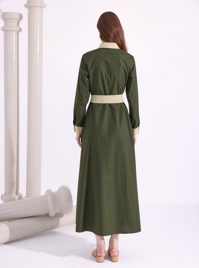 Khaki Green Mix Contrast Beige Maxi Dress