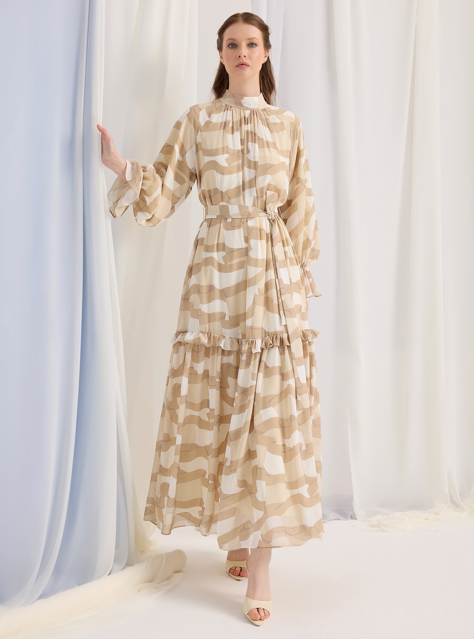 Cream Beige Printed Maxi Dress - Modest Long Sleeve Tiered Dress Store WF Cream Beige Printed Maxi Dress - Modest Long Sleeve Tiered Dress Store WF
