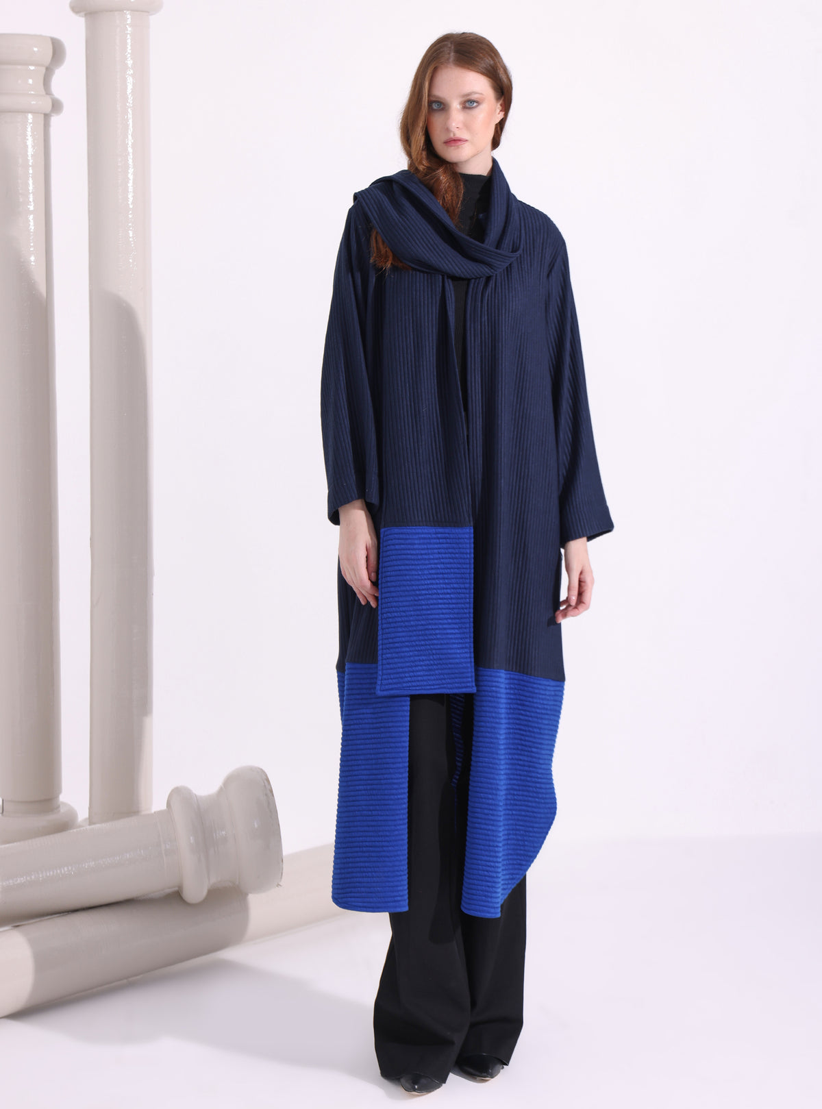 Long Stripe Knitwear Jacket With Scarf - Store WF