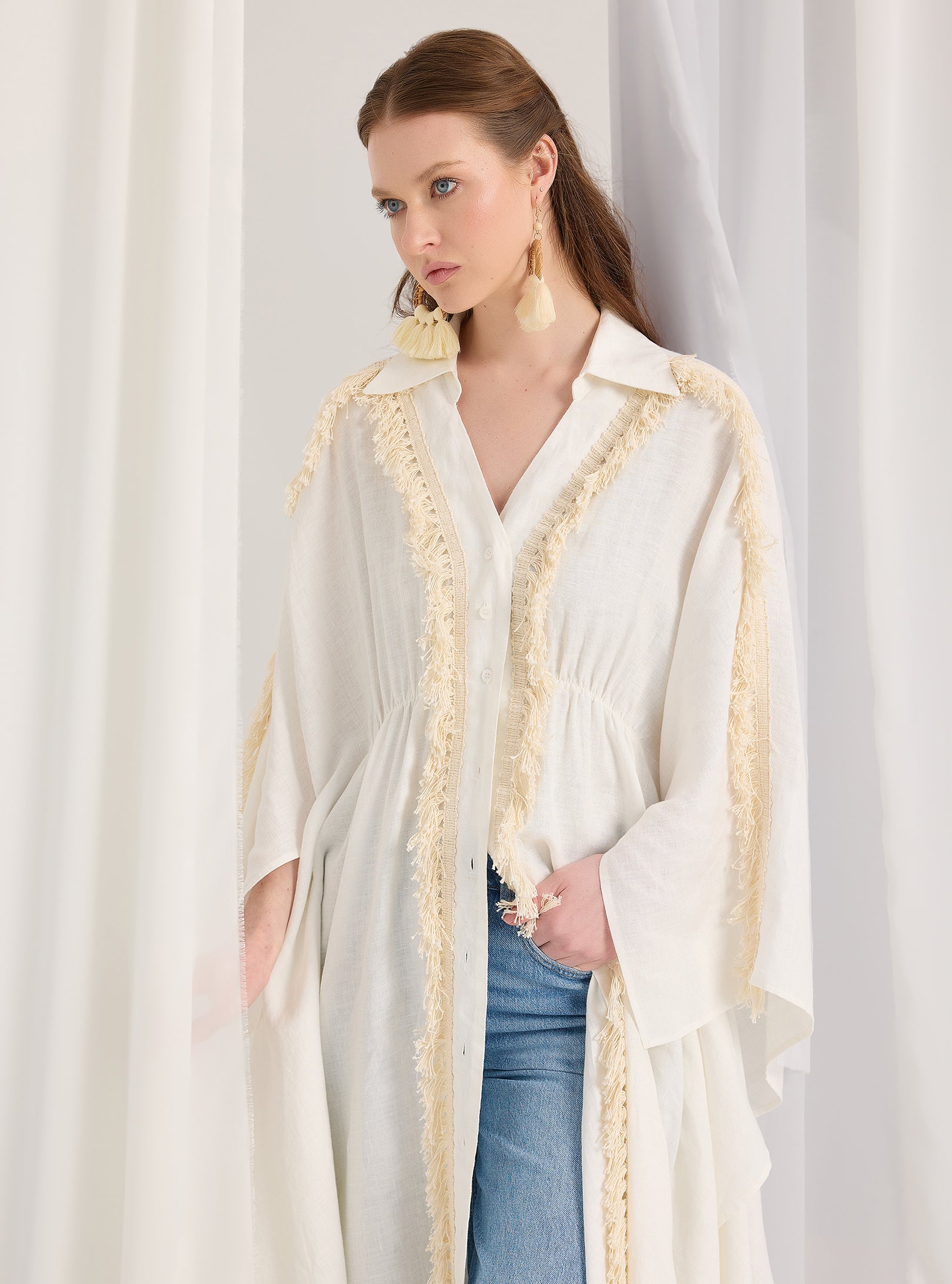100% Washed Linen Cotton Tassel Shirt Kaftan Dress - Store WF