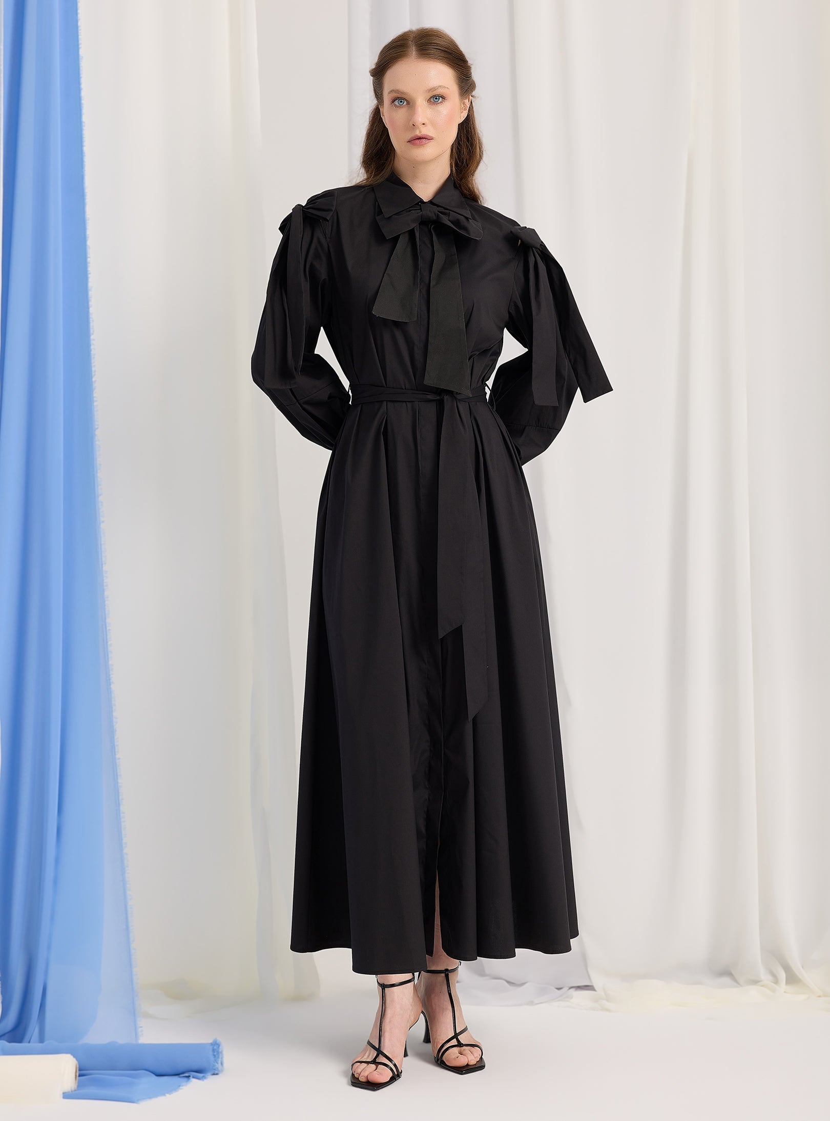 Bow Detailed Black Poplin Cotton Maxi Dress - Store WF