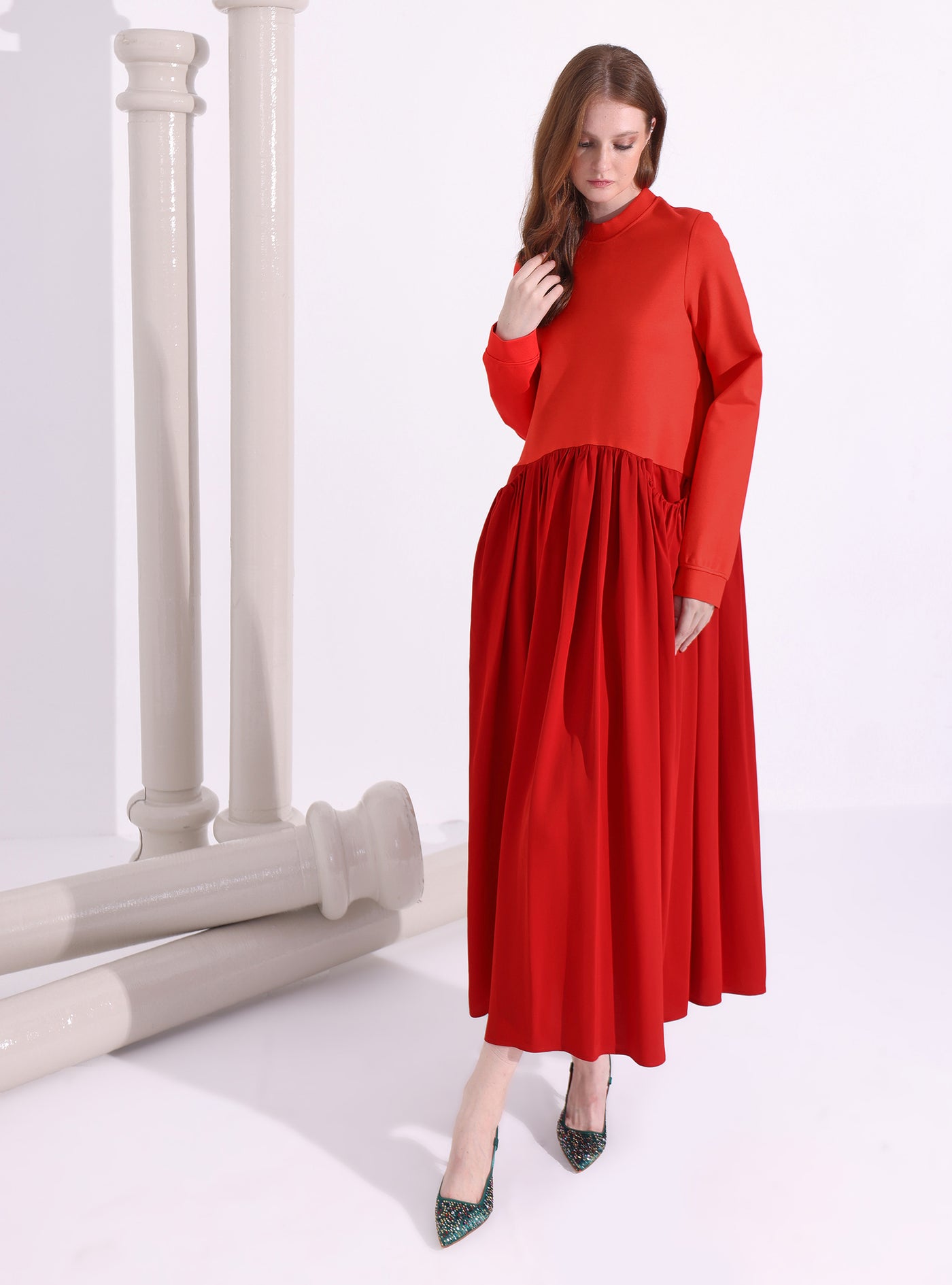 Red Maxi Dress with Knit Top