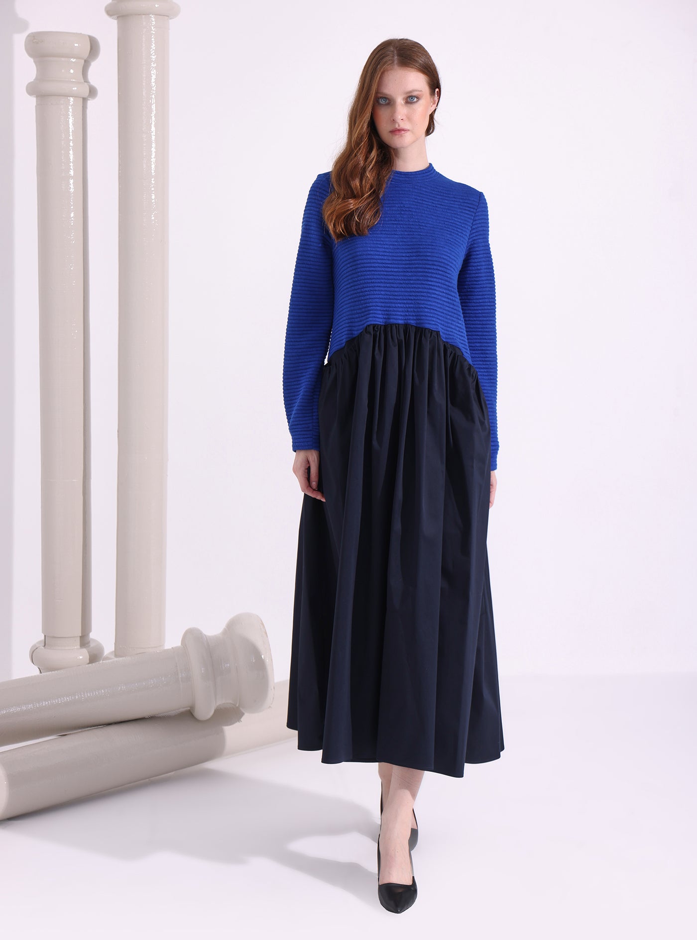 Blue-Navy Maxi Dress with Knit Top